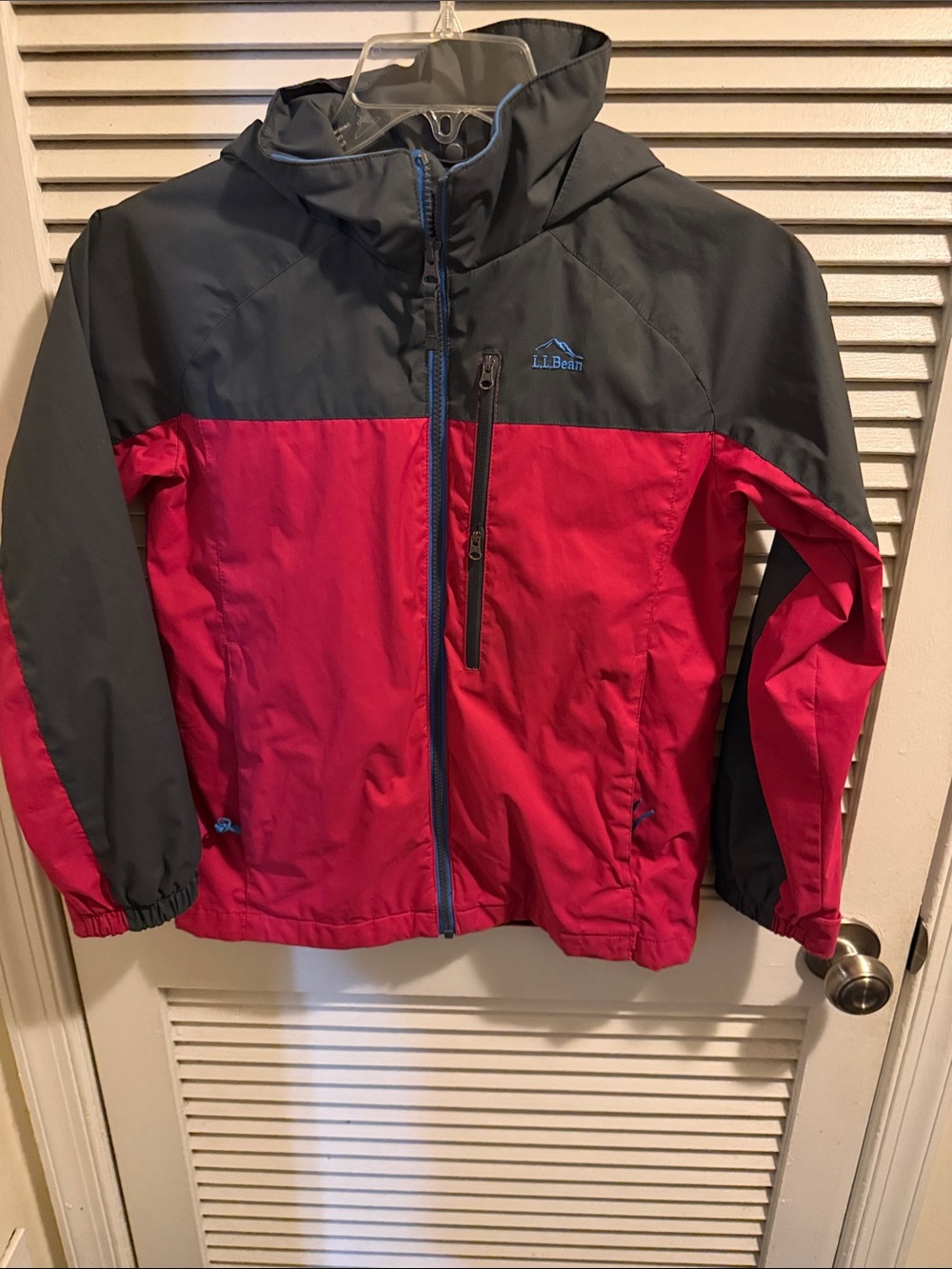 L.L. Bean Kids' Red and Charcoal Hooded Rain Jacket
